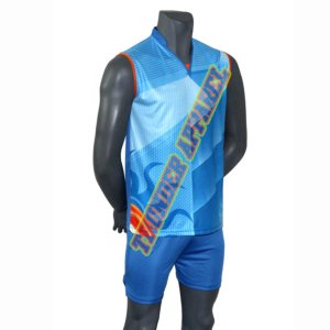 NVB-7016 Sublimated Blue volleyball jersey and blue shorts