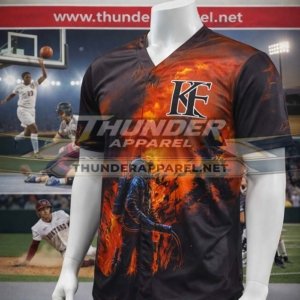 firefighter baseball jersey, firefighter softball jersey, custom button-up baseball jersey, sublimated baseball jersey, firefighter theme jersey, flame design softball jersey, custom team uniforms, personalized baseball uniforms, custom softball uniforms, Thunder Apparel sportswear