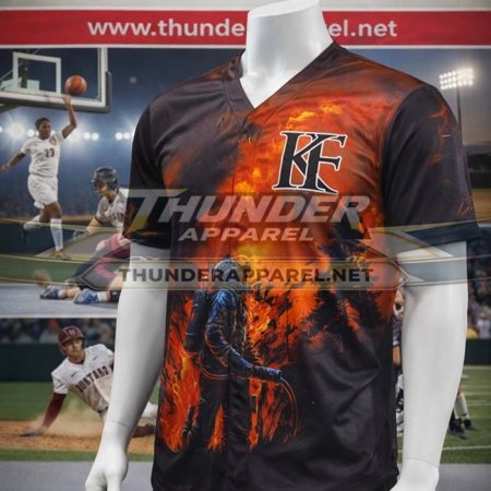 firefighter baseball jersey, firefighter softball jersey, custom button-up baseball jersey, sublimated baseball jersey, firefighter theme jersey, flame design softball jersey, custom team uniforms, personalized baseball uniforms, custom softball uniforms, Thunder Apparel sportswear