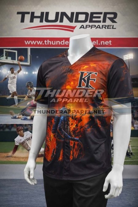 firefighter baseball jersey, firefighter softball jersey, custom button-up baseball jersey, sublimated baseball jersey, firefighter theme jersey, flame design softball jersey, custom team uniforms, personalized baseball uniforms, custom softball uniforms, Thunder Apparel sportswear