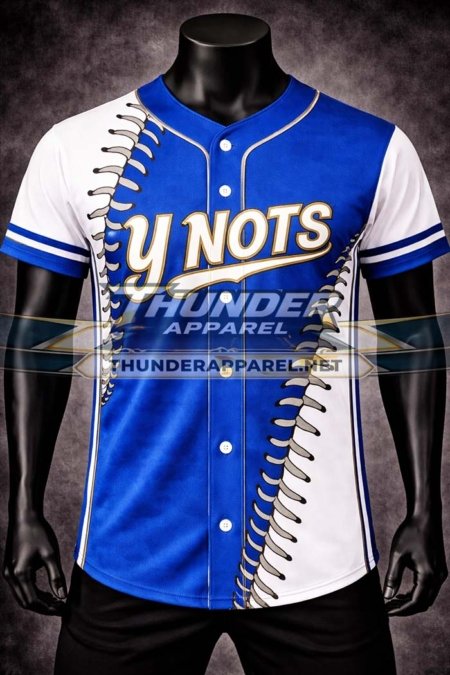 custom baseball jersey, custom softball jersey, button-up baseball jersey, sublimated baseball uniform, blue white baseball jersey, personalized team jerseys, custom softball uniforms, baseball stitch jersey design, team sportswear manufacturer, Thunder Apparel jerseys