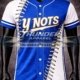 custom baseball jersey, custom softball jersey, button-up baseball jersey, sublimated baseball uniform, blue white baseball jersey, personalized team jerseys, custom softball uniforms, baseball stitch jersey design, team sportswear manufacturer, Thunder Apparel jerseys